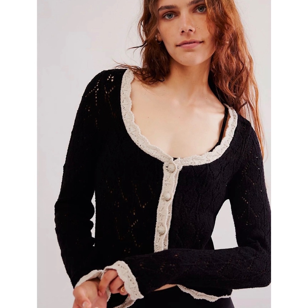 Free People Adelene Knit Lace Trim Cardigan Sweater XS Scoop Neck Boho